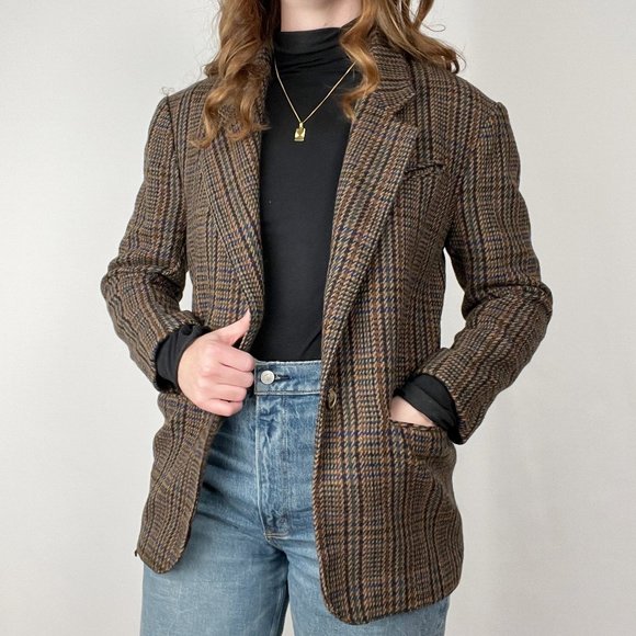 Vintage Preppy Oversized Wool Houndstooth Tweed Plaid Long Blazer Jacket Coat - Picture 7 of 7